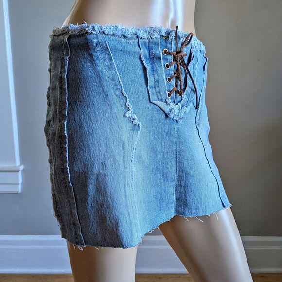 Vintage Y2K Lazer Jeans Micro Mini Skirt Denim Leather Lace Up Low Rise Size 3 - Picture 3 of 12